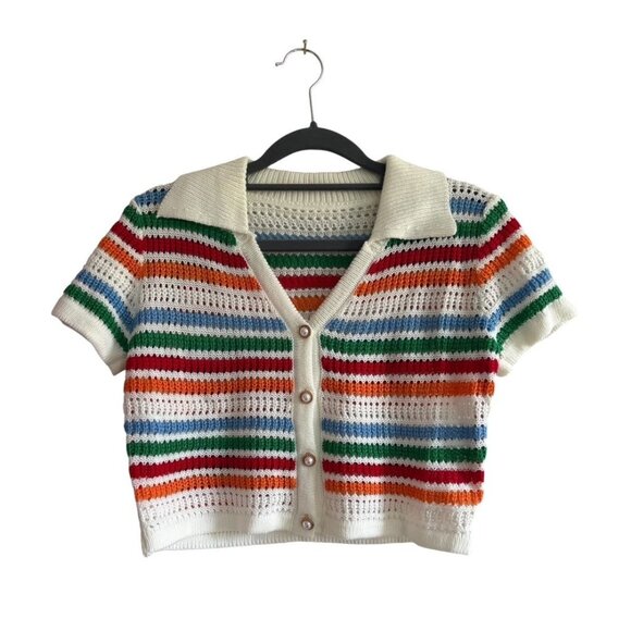 Striped Short-Sleeve Cropped Cardigan Pearl Buttons Small - Picture 1 of 4